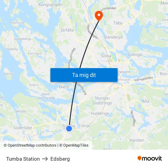 Tumba Station to Edsberg map