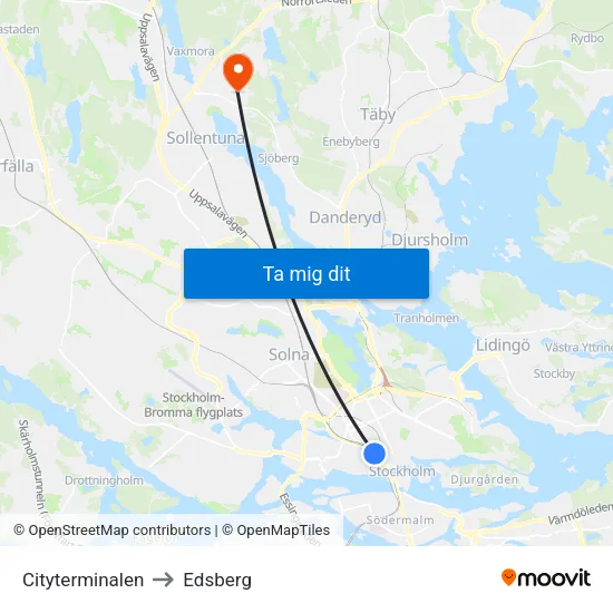 Cityterminalen to Edsberg map
