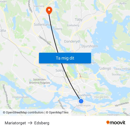 Mariatorget to Edsberg map