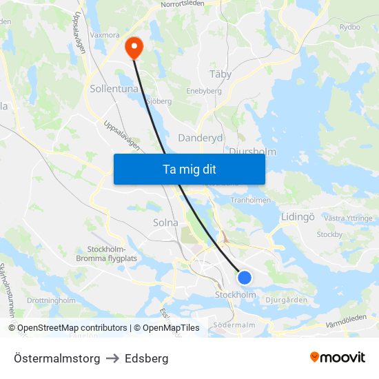 Östermalmstorg to Edsberg map