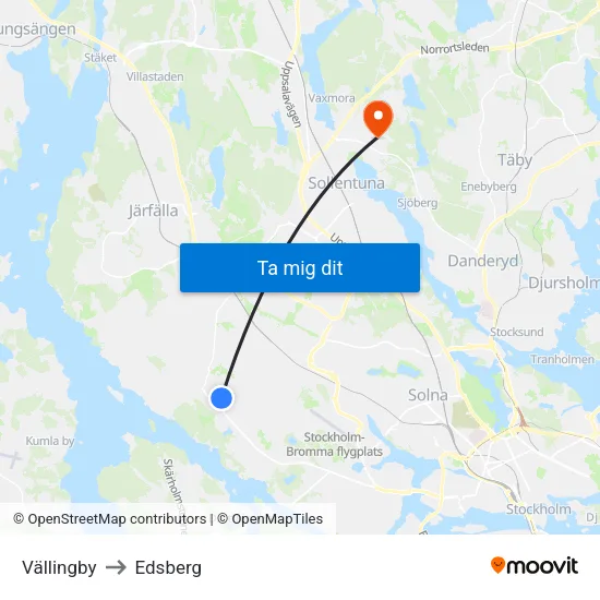 Vällingby to Edsberg map