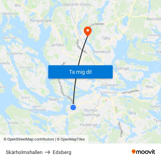 Skärholmshallen to Edsberg map