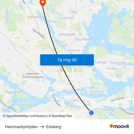 Hammarbyhöjden to Edsberg map