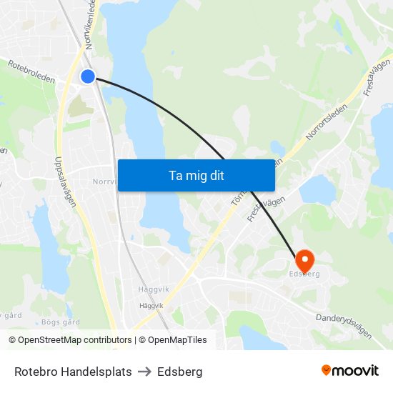 Rotebro Handelsplats to Edsberg map