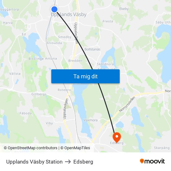 Upplands Väsby Station to Edsberg map