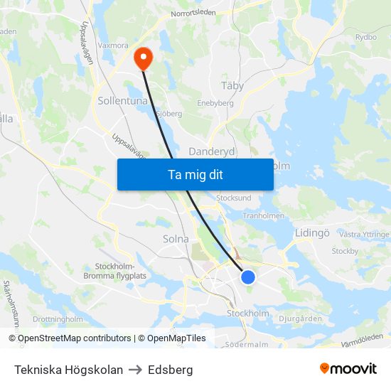 Tekniska Högskolan to Edsberg map