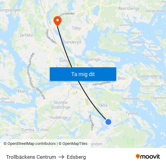 Trollbäckens Centrum to Edsberg map