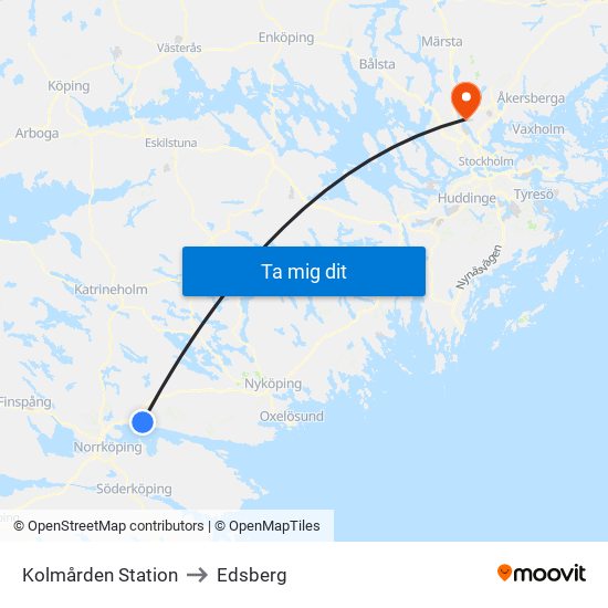 Kolmården Station to Edsberg map