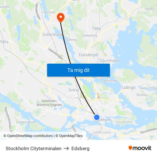 Stockholm Cityterminalen to Edsberg map