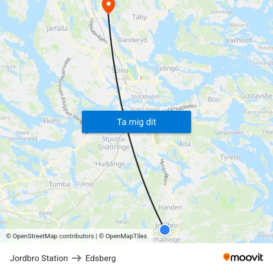 Jordbro Station to Edsberg map