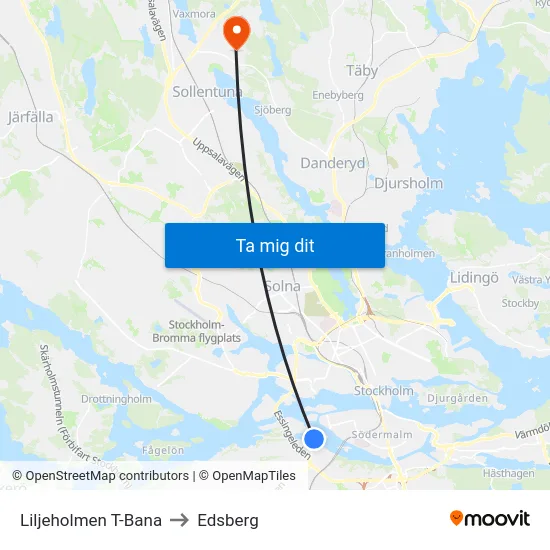 Liljeholmen T-Bana to Edsberg map