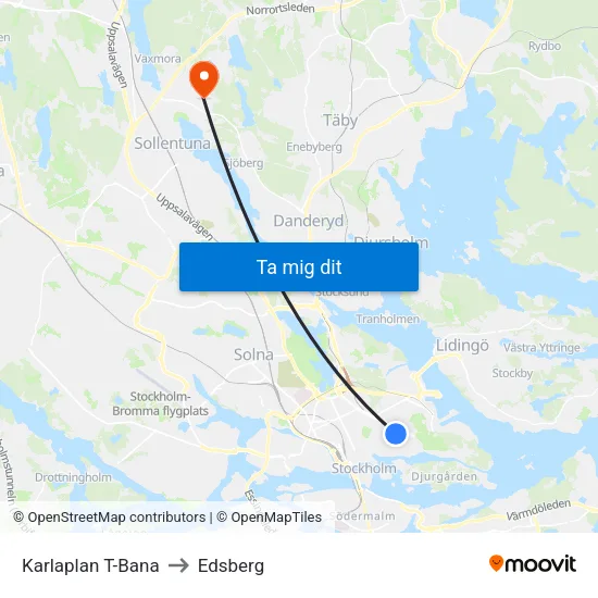 Karlaplan T-Bana to Edsberg map