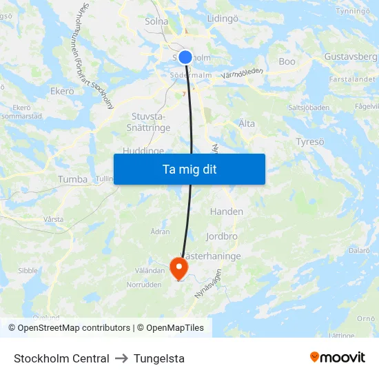 Stockholm Central to Tungelsta map