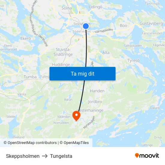 Skeppsholmen to Tungelsta map