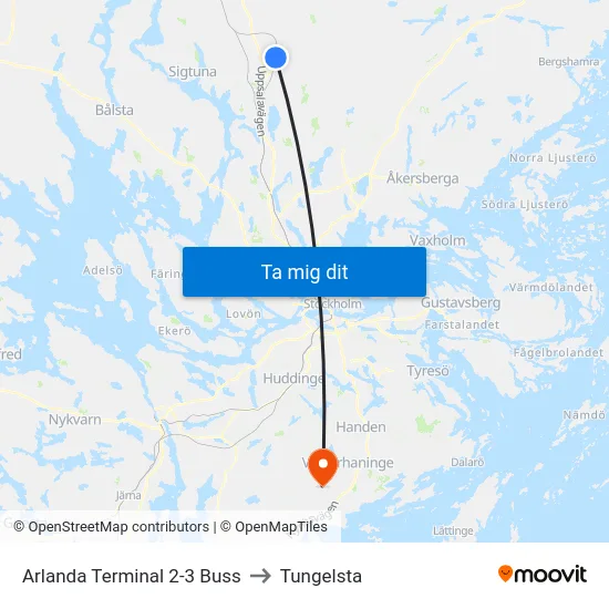 Arlanda Terminal 2-3 Buss to Tungelsta map