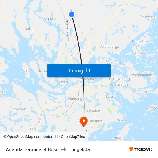 Arlanda Terminal 4 Buss to Tungelsta map