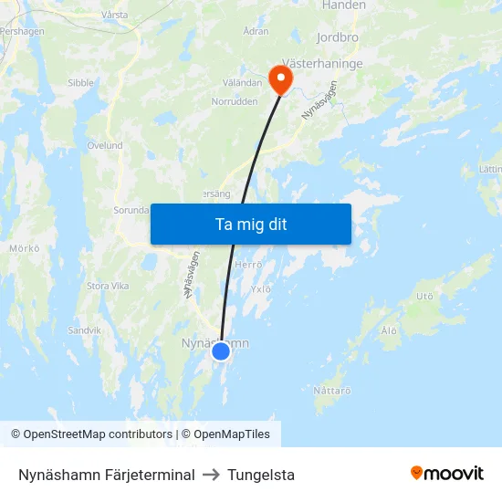 Nynäshamn Färjeterminal to Tungelsta map