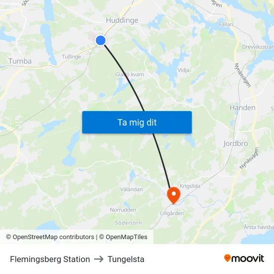 Flemingsberg Station to Tungelsta map