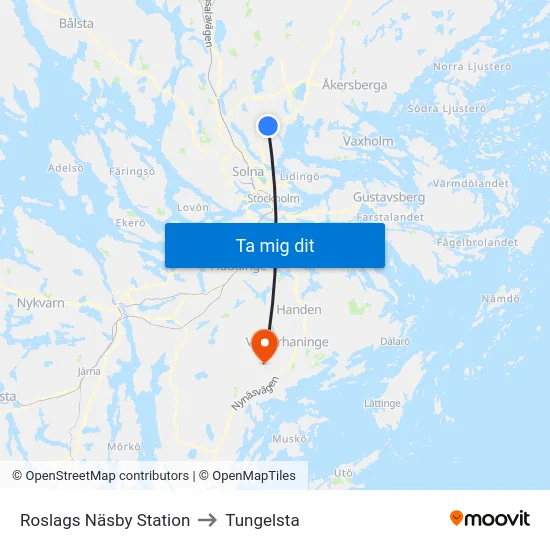 Roslags Näsby Station to Tungelsta map