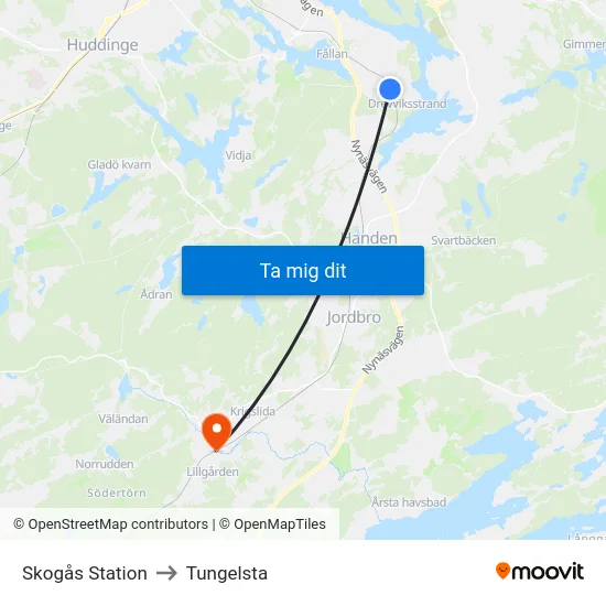 Skogås Station to Tungelsta map
