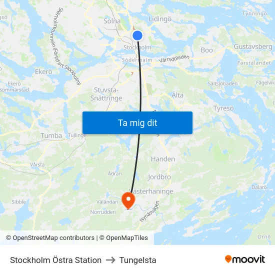 Stockholm Östra Station to Tungelsta map