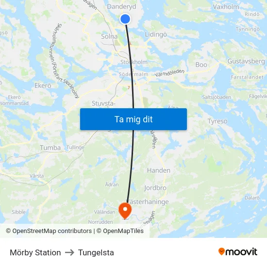 Mörby Station to Tungelsta map