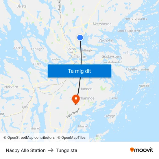 Näsby Allé Station to Tungelsta map