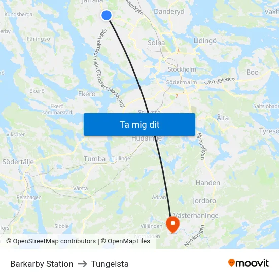 Barkarby Station to Tungelsta map