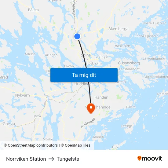 Norrviken Station to Tungelsta map