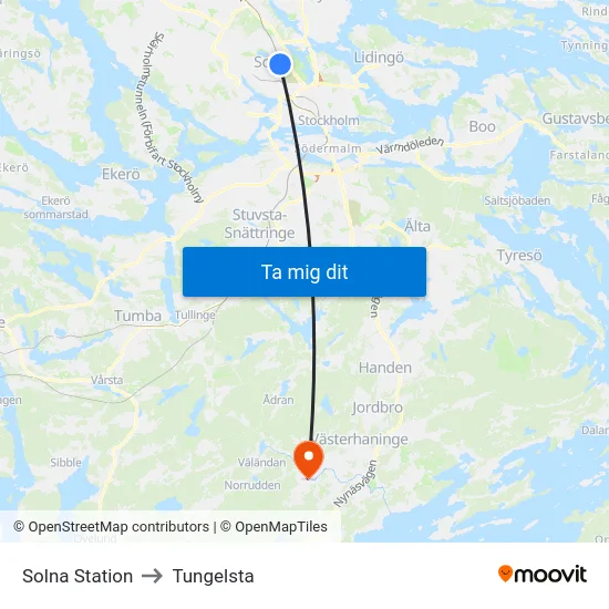 Solna Station to Tungelsta map