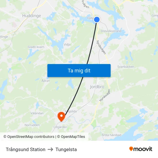 Trångsund Station to Tungelsta map