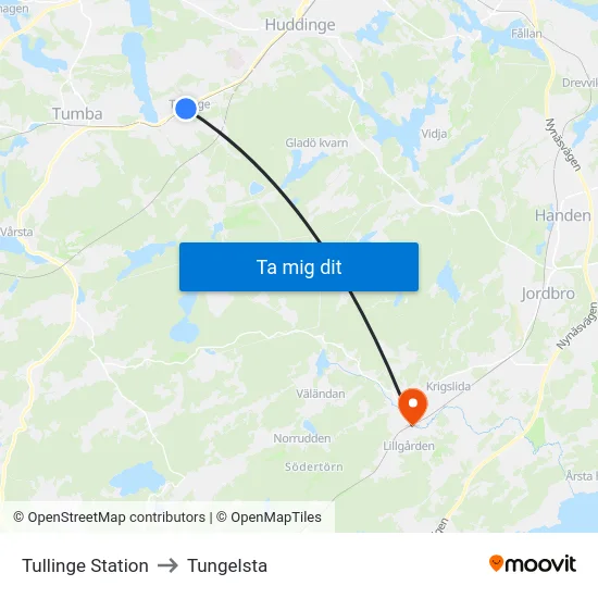 Tullinge Station to Tungelsta map