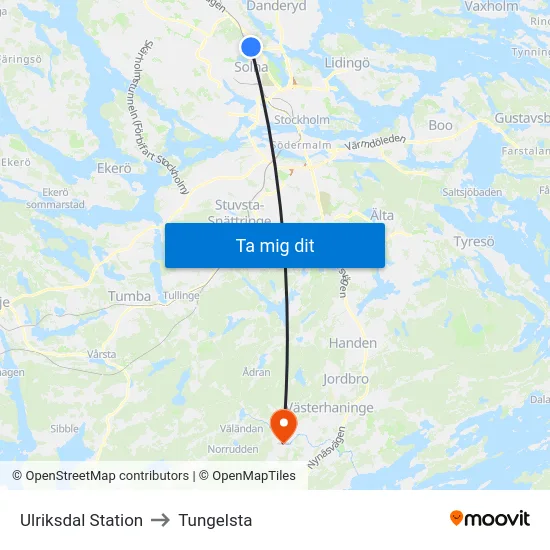 Ulriksdal Station to Tungelsta map
