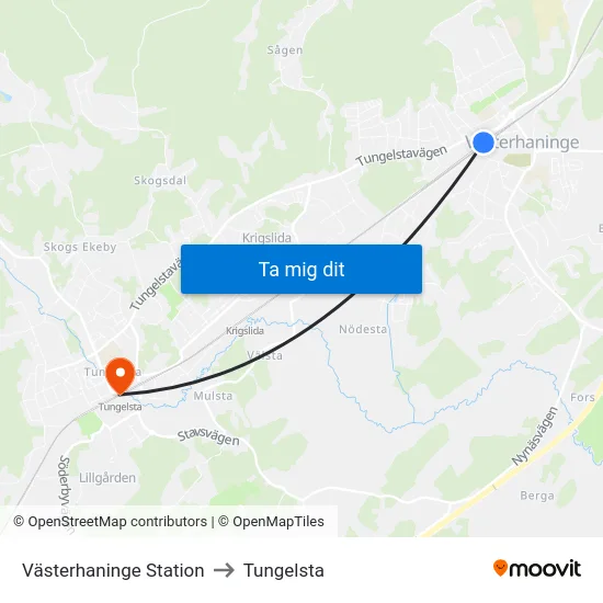 Västerhaninge Station to Tungelsta map