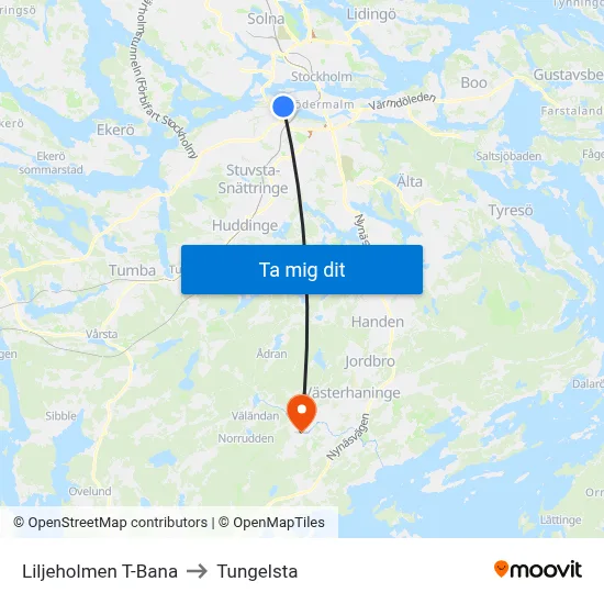 Liljeholmen T-Bana to Tungelsta map