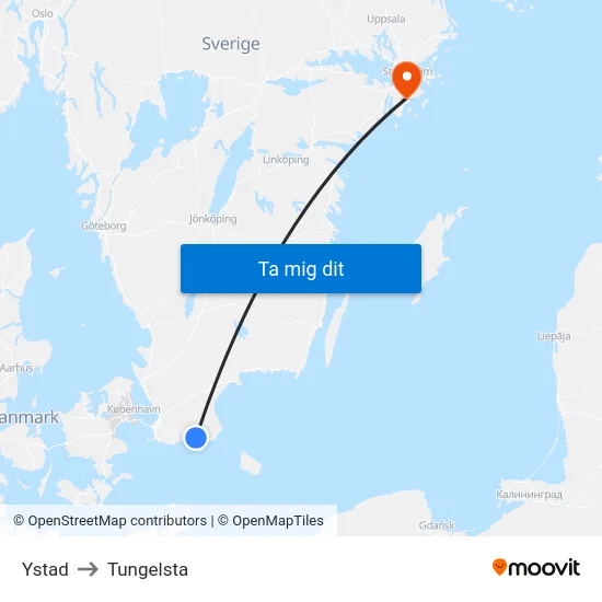 Ystad to Tungelsta map