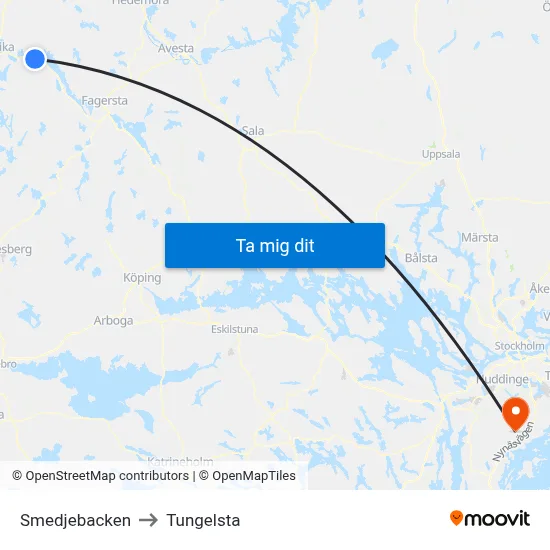 Smedjebacken to Tungelsta map
