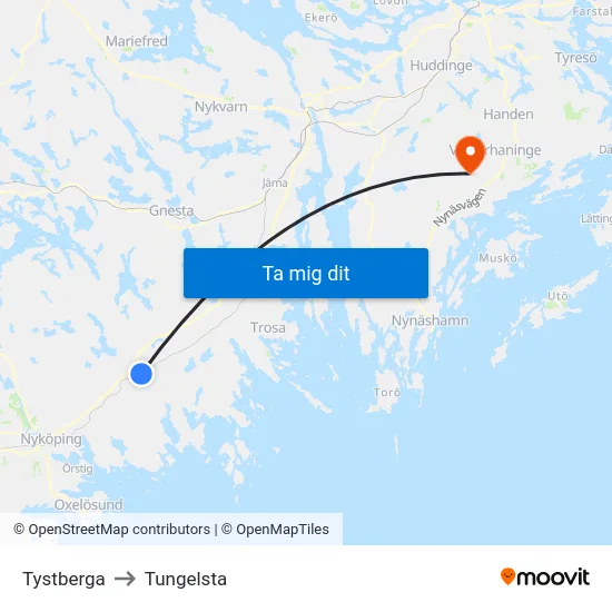 Tystberga to Tungelsta map