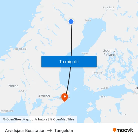 Arvidsjaur Busstation to Tungelsta map
