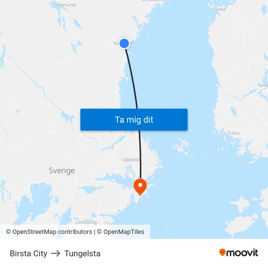 Birsta City to Tungelsta map