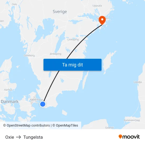 Oxie to Tungelsta map