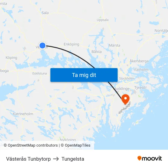 Västerås Tunbytorp to Tungelsta map