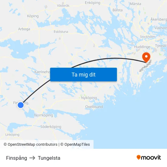 Finspång to Tungelsta map