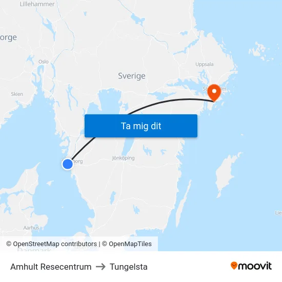 Amhult Resecentrum to Tungelsta map