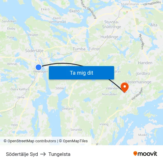 Södertälje Syd to Tungelsta map
