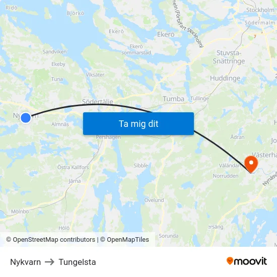 Nykvarn to Tungelsta map