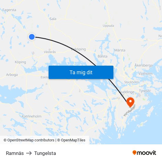 Ramnäs to Tungelsta map