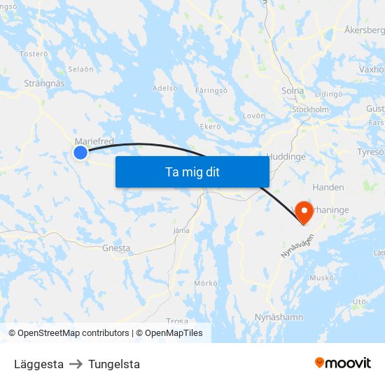 Läggesta to Tungelsta map