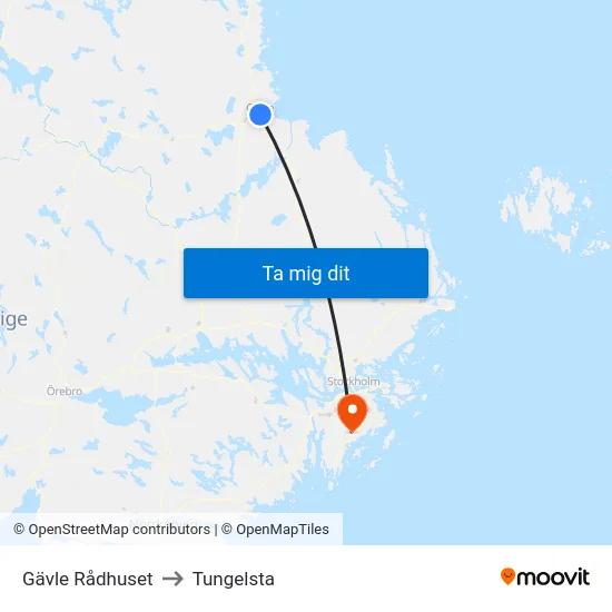 Gävle Rådhuset to Tungelsta map