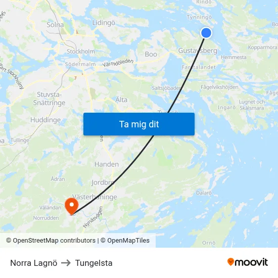 Norra Lagnö to Tungelsta map